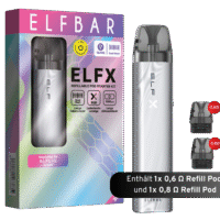 Nachfüllset von ELFX – Silber, mit elegantem Verdampfergerät mit zwei Nachfüllkapseln (0,6 Ω und 0,8 Ω) auf weißem Hintergrund.